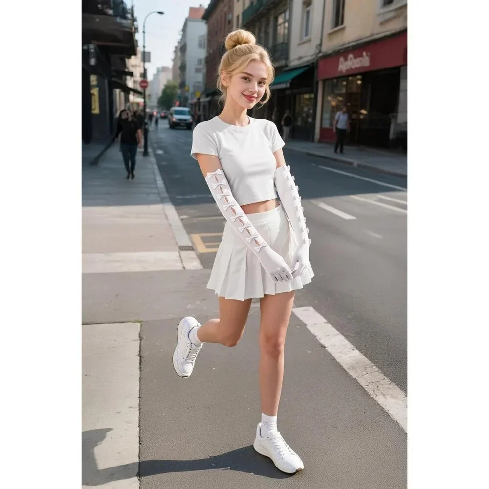 Women's Princess White Long Sleeves Gloves Bow Lace Mesh Tulle Party Prom